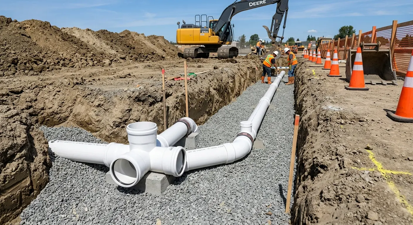 New PVC sewer pipe installation in open trench for Commercial Drain Cleaning in Alamogordo